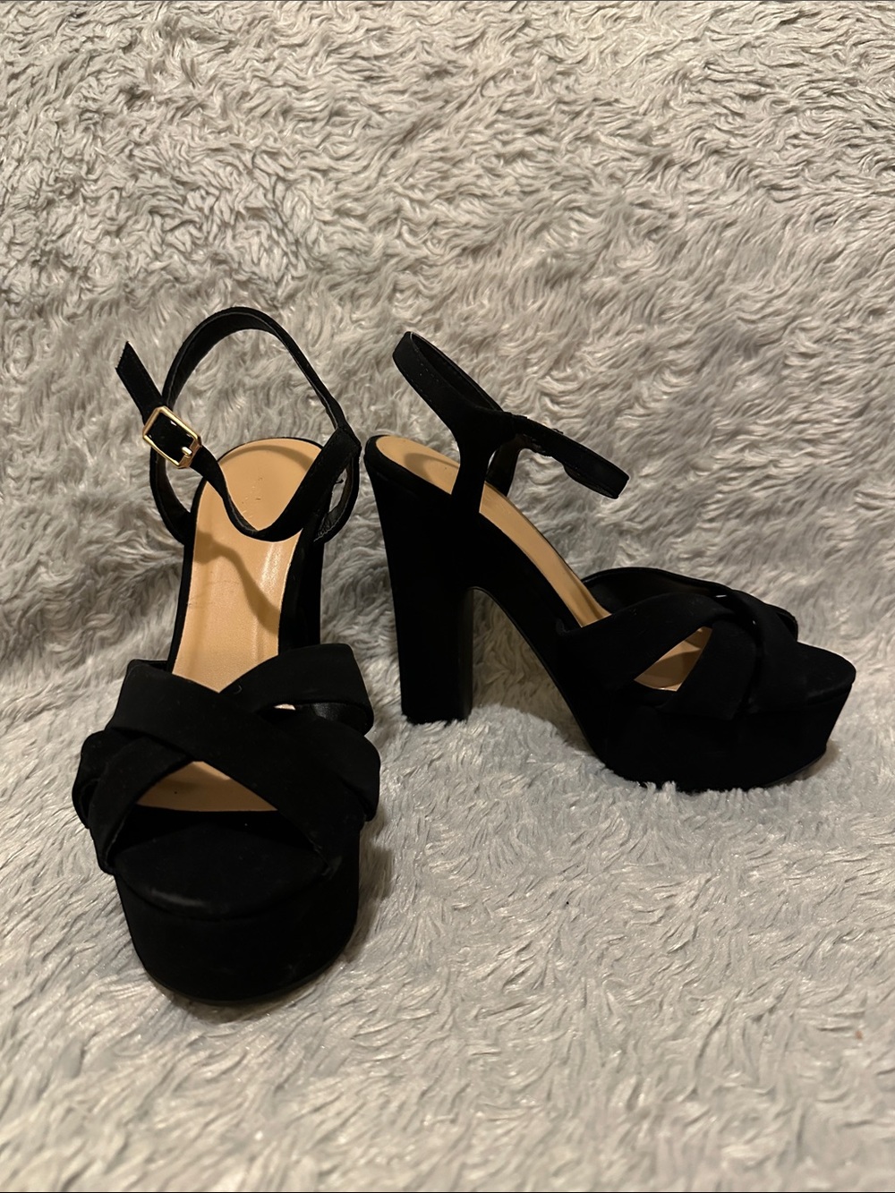 BAMBOO Black Suede Platform Heel Sandals with Ankle Strap